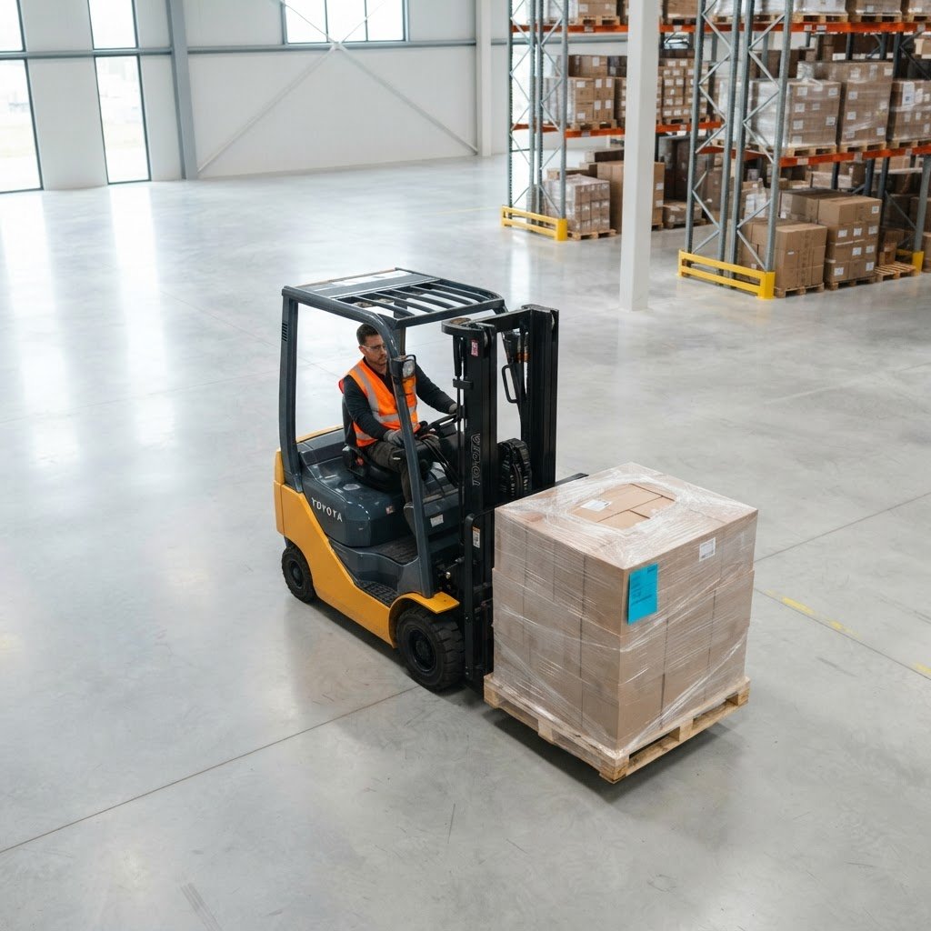 Forklift operator loading a secure pallet in a warehouse