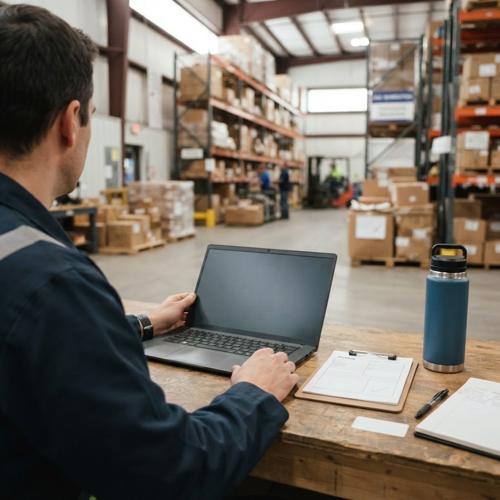 Warehouse desk setup with shipping documents and accessories