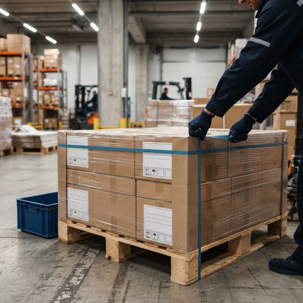 Professional warehouse worker securing a pallet for shipment
