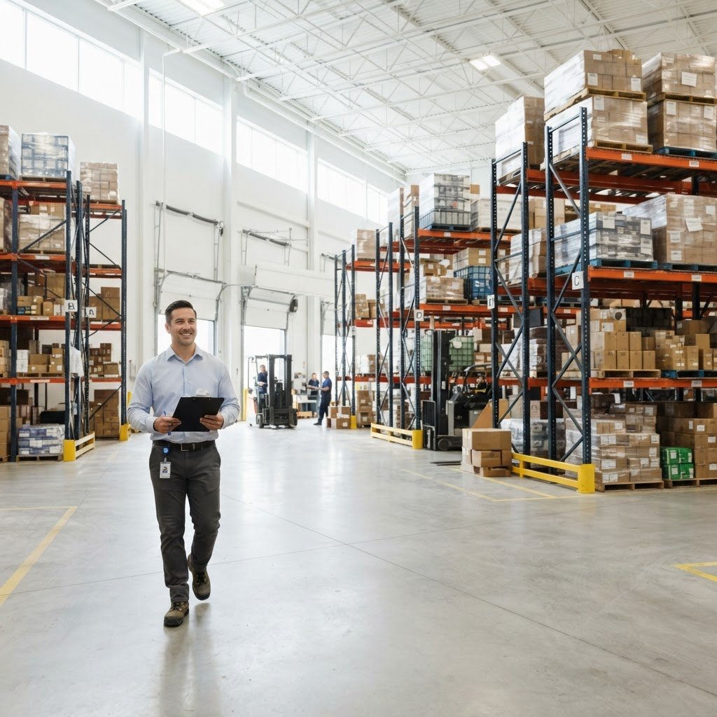 Warehouse supervisor walking through a clean distribution facility