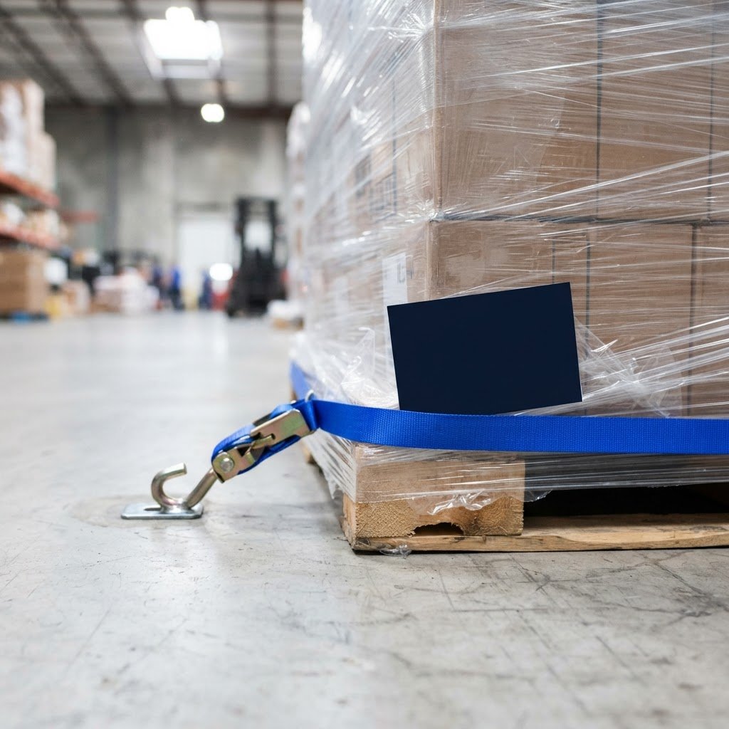 Close up of secured pallet in a clean warehouse