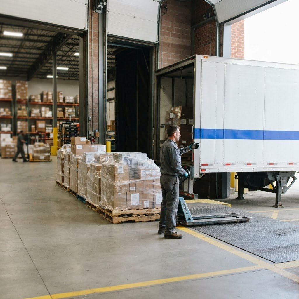 Loading dock scene with transport trailer and freight pallets