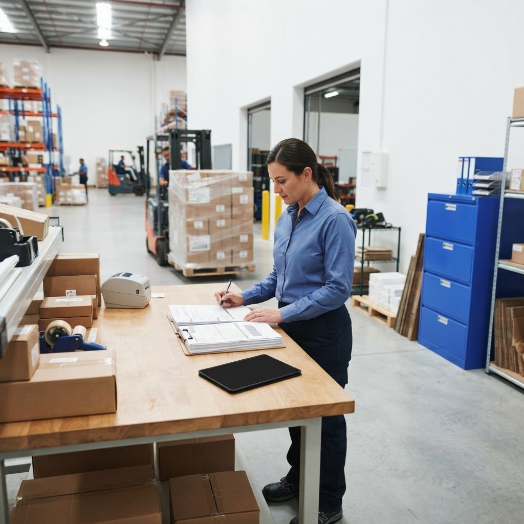 Clean shipping station with manifest documentation and a tablet