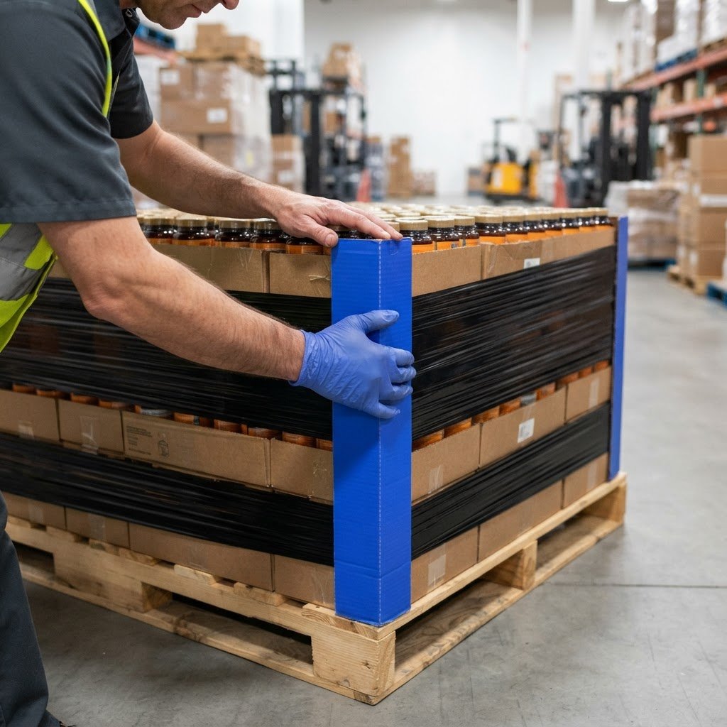 Hands applying blue corner protection to a pallet of supplements