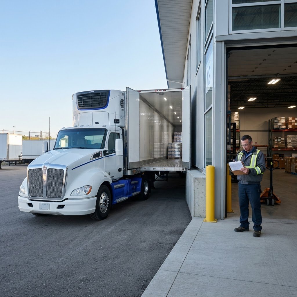 Reefer truck at a modern loading bay during a morning pickup