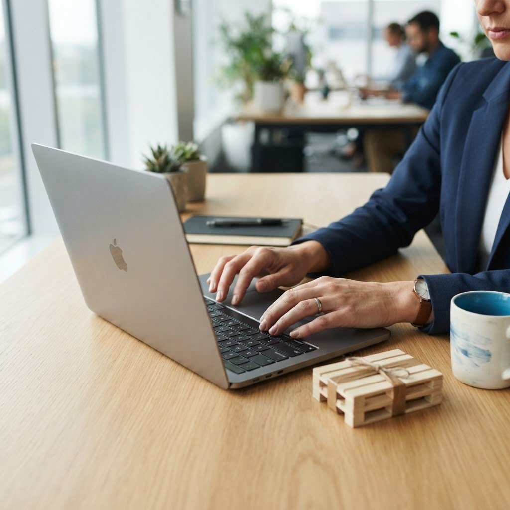 Hands using a laptop for freight logistics management