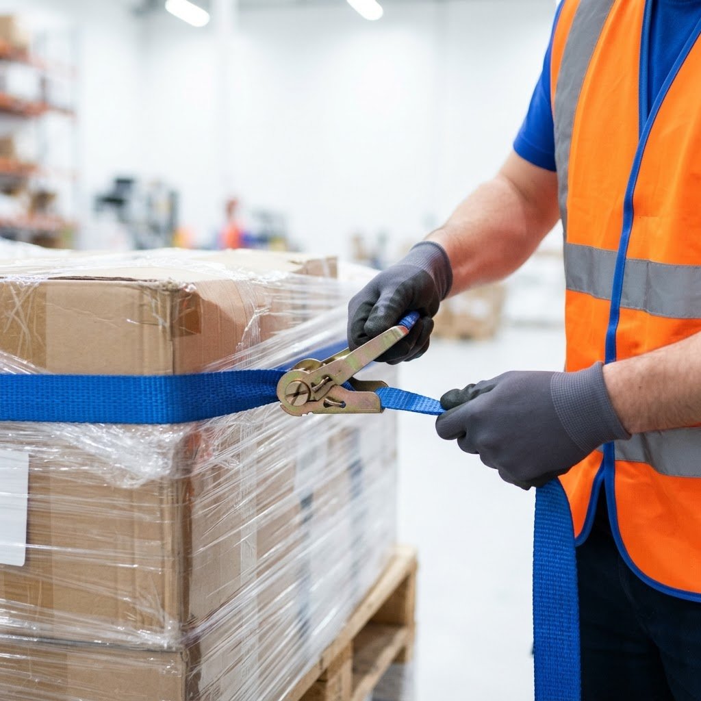 Close up of hands securing pallet freight for shipping