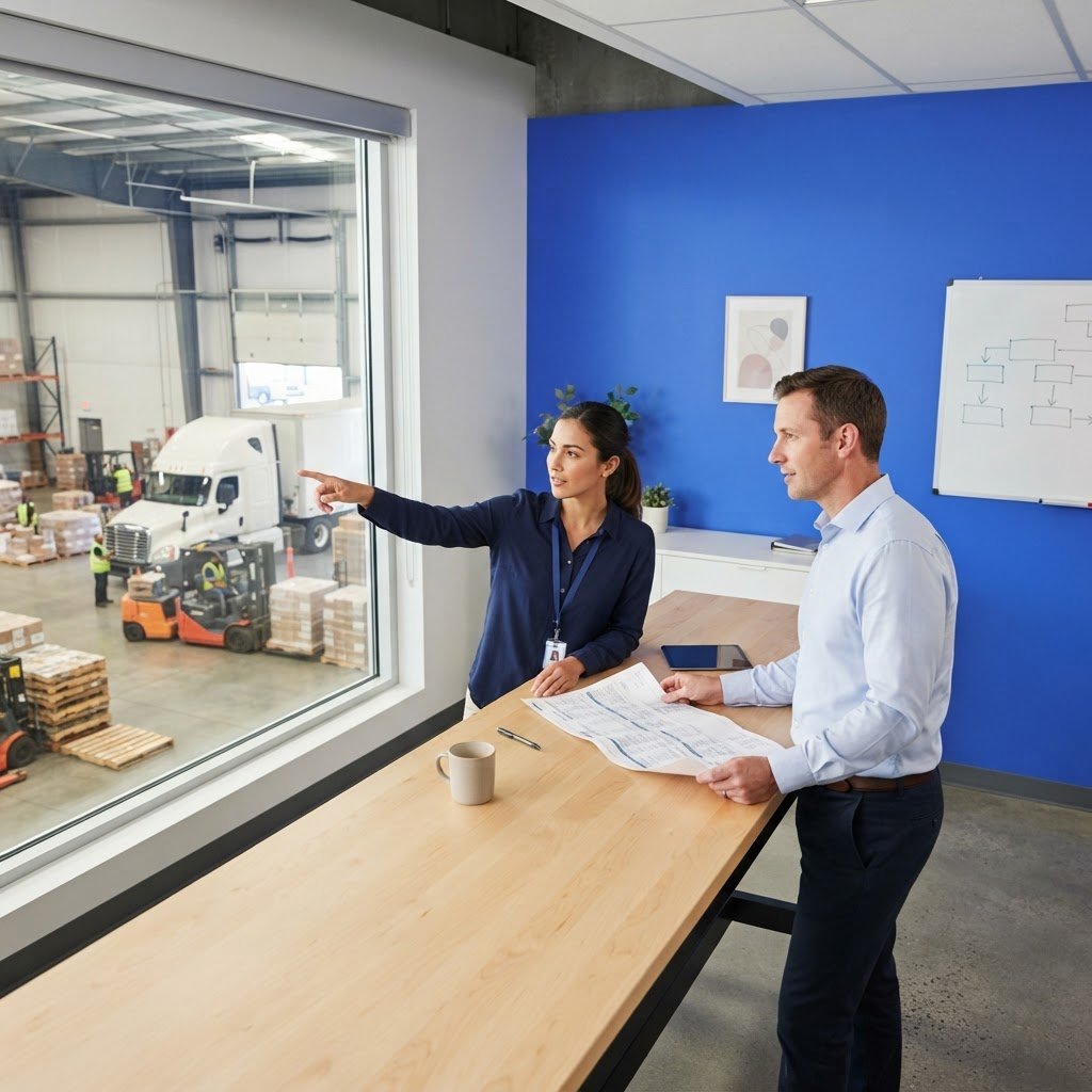 Two coordinators planning freight logistics in an office