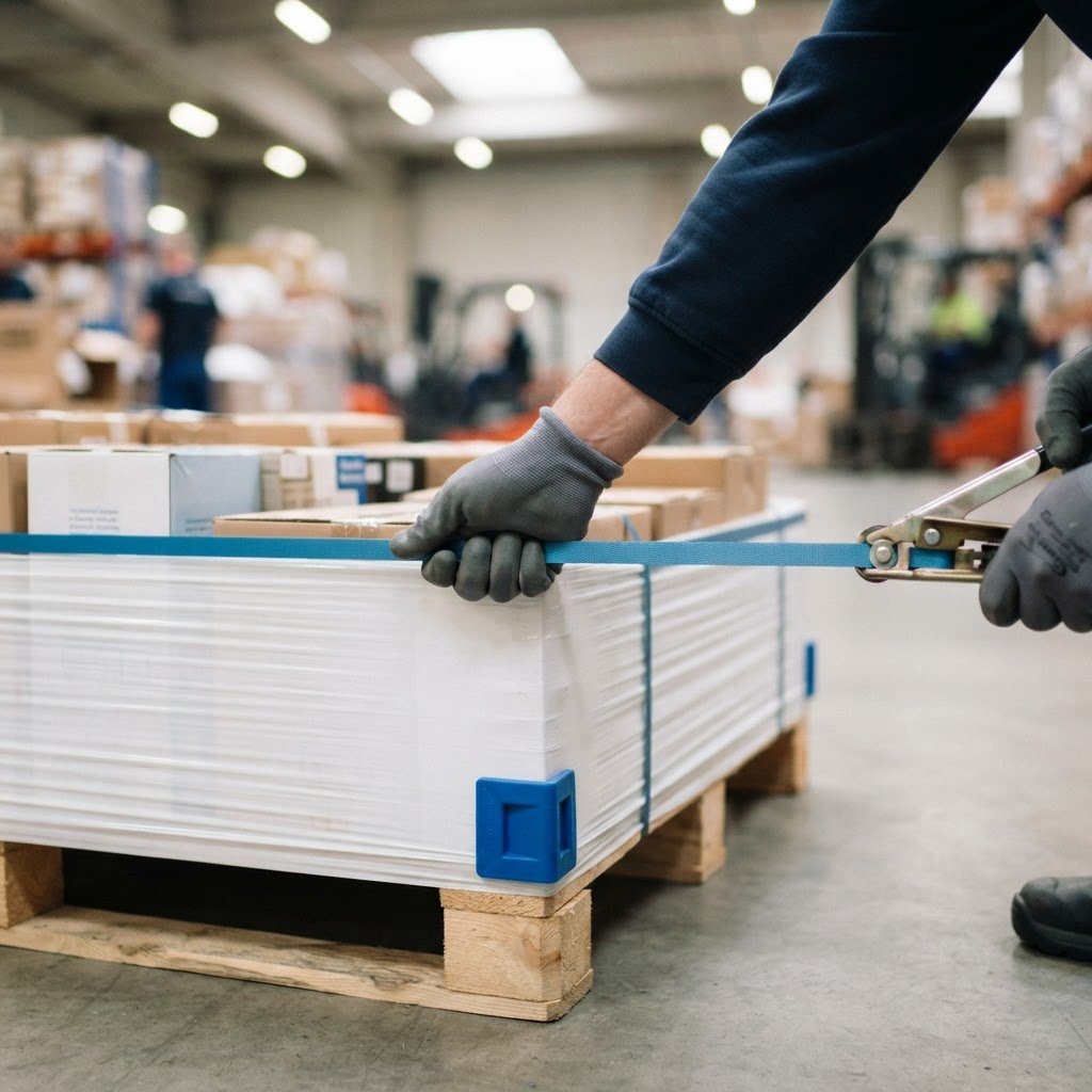Hands securing a shrink wrapped pallet for shipping