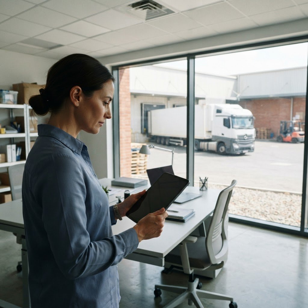 Logistics manager reviewing shipping plans in a warehouse office