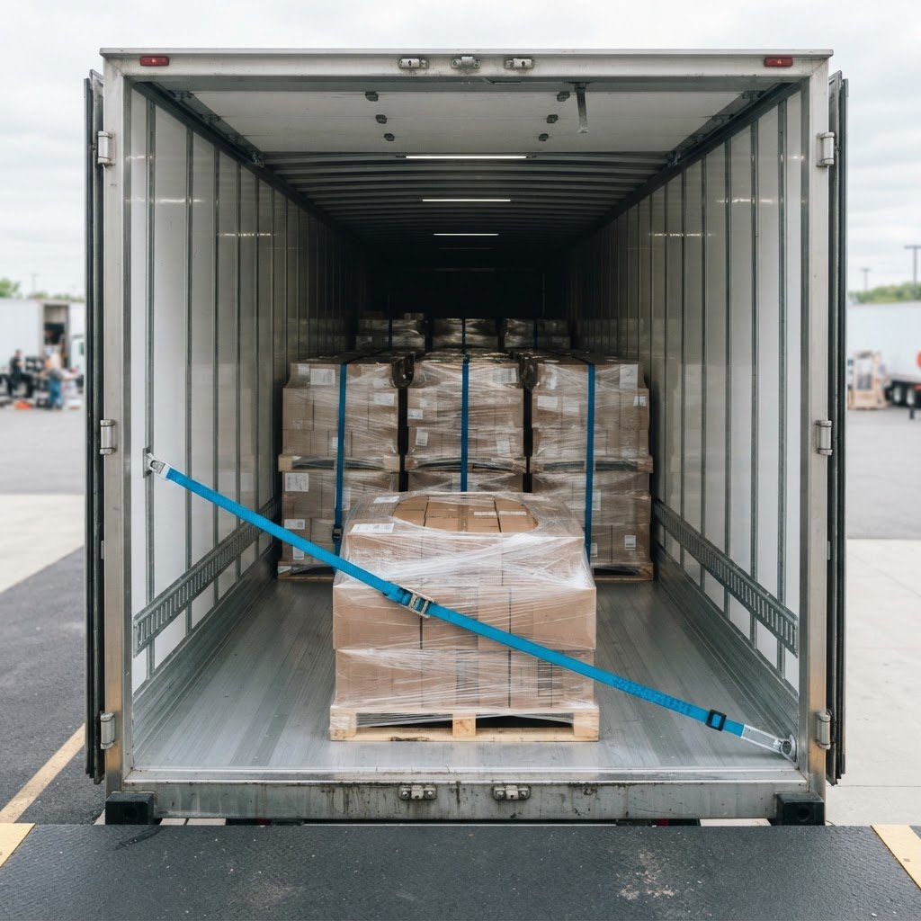 Organized pallets loaded inside a transport trailer
