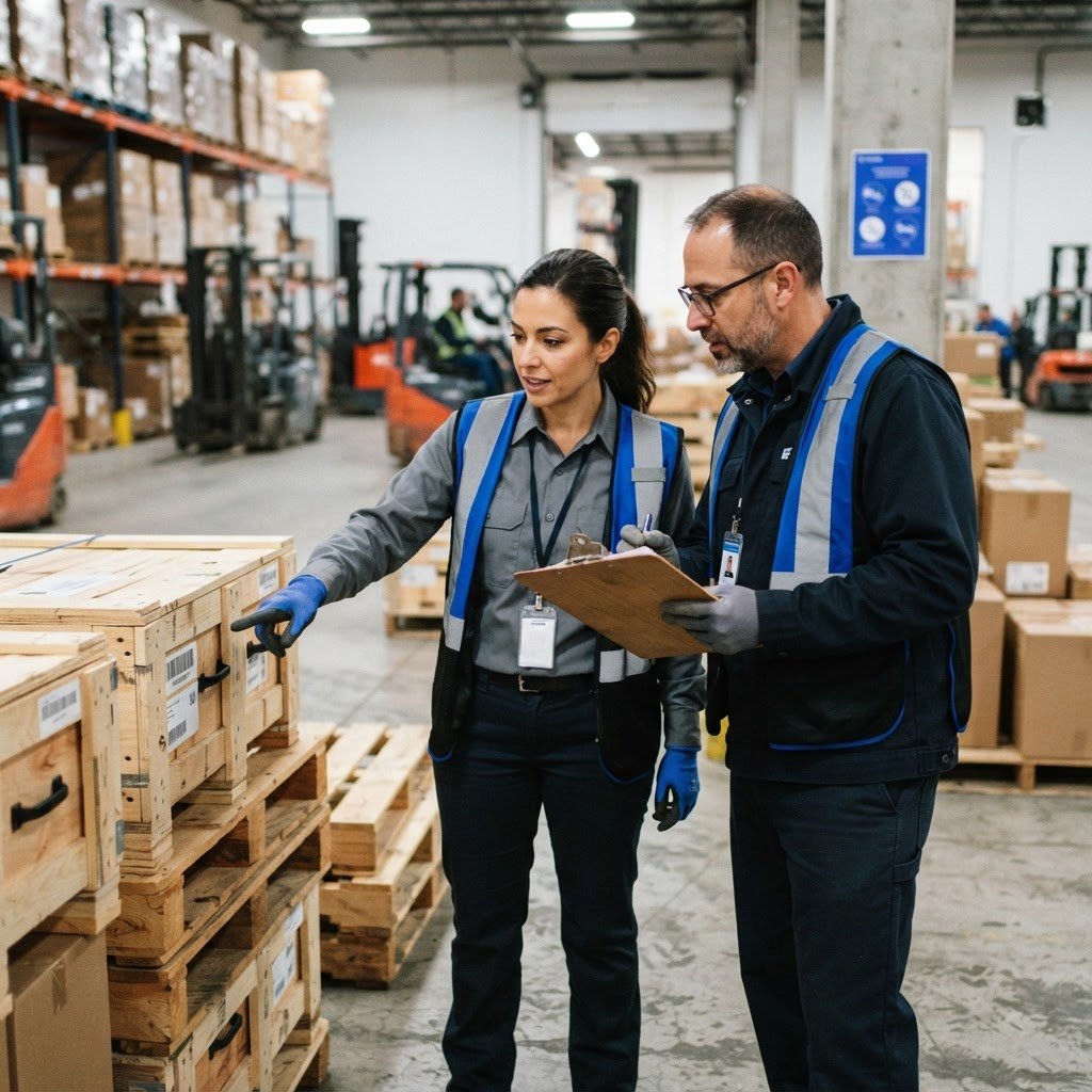 Warehouse team members organizing palletized freight in Montreal