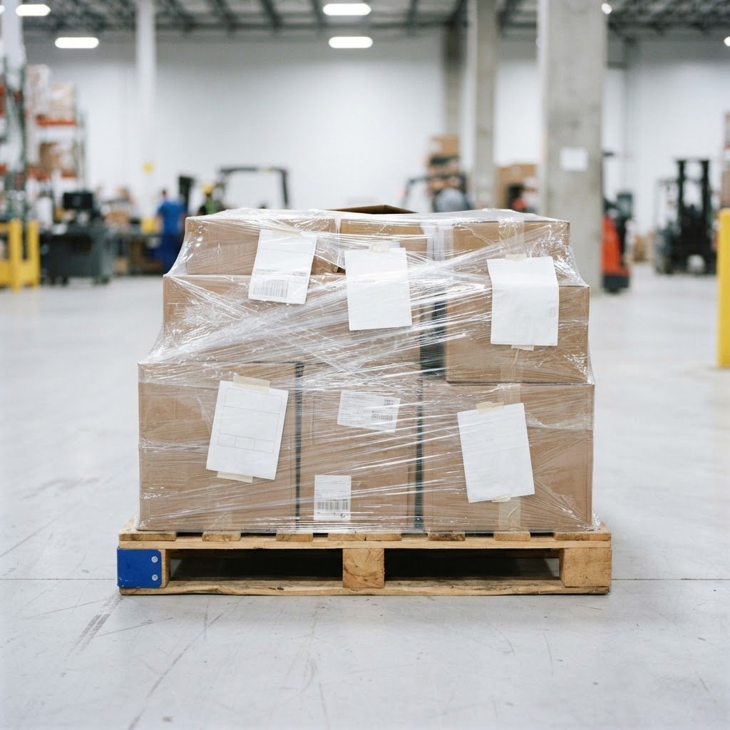 Detail of neatly wrapped pallets in a warehouse