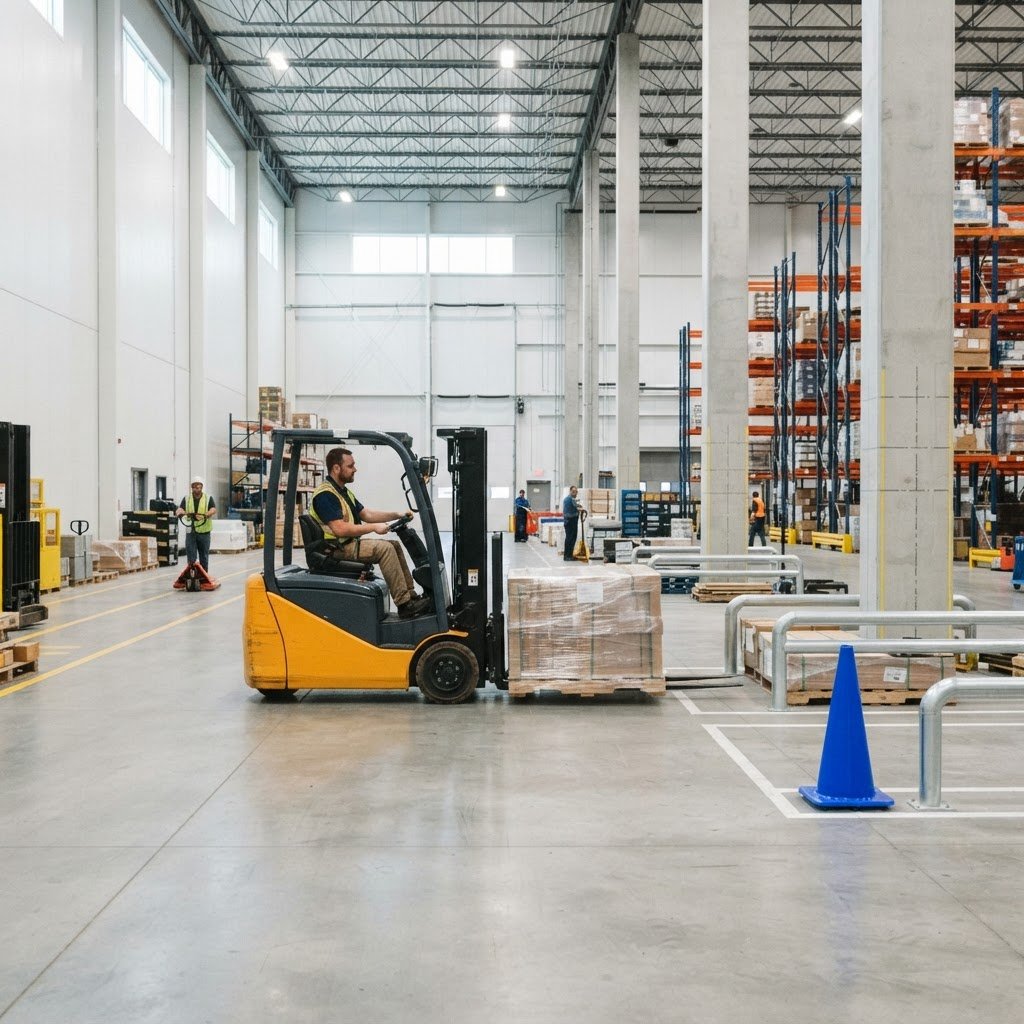 Forklift moving a pallet in a clean warehouse