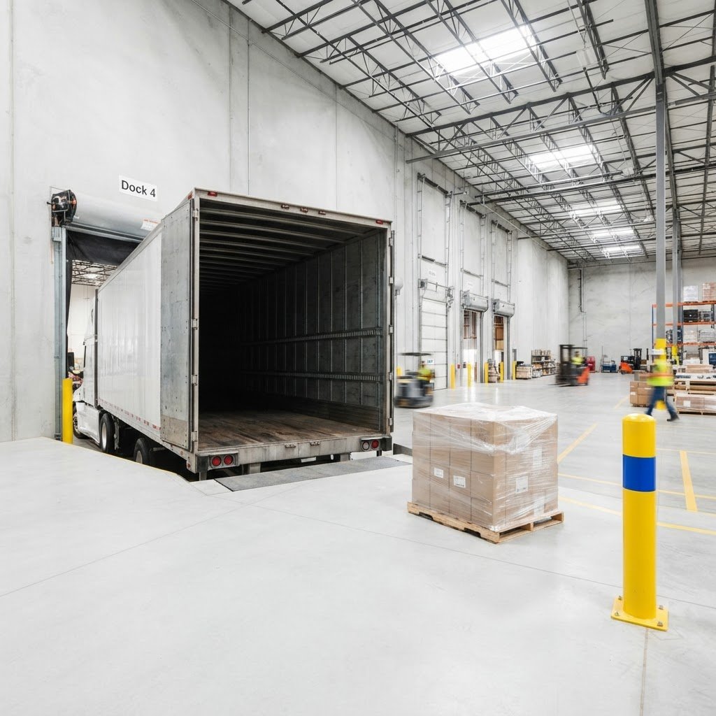 A transport truck waiting at a clean warehouse loading dock