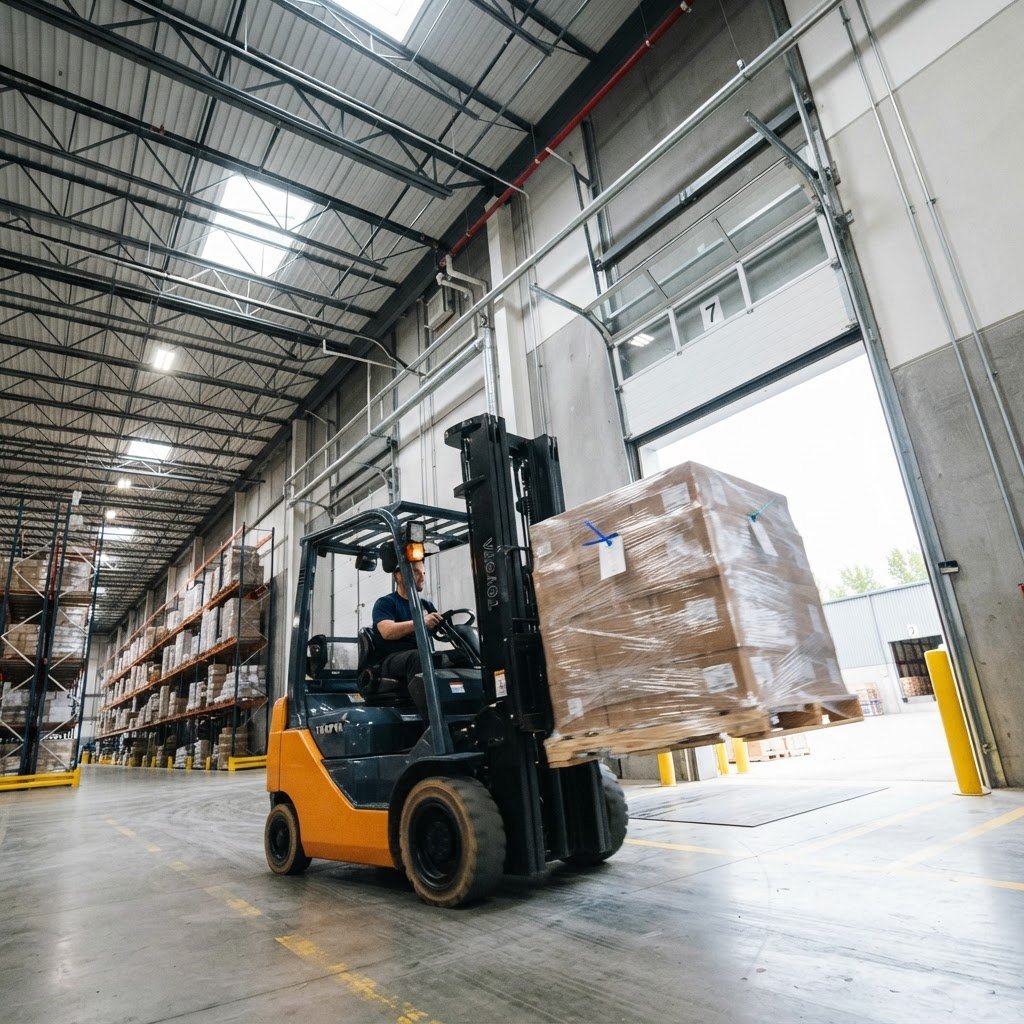 Forklift moving a pallet in a bright warehouse