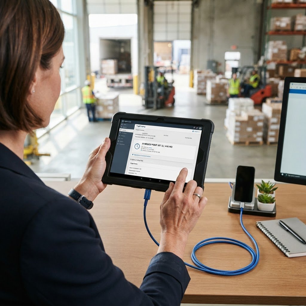 Logistics manager using tablet to track freight shipment
