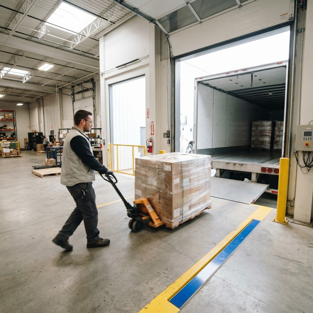 Worker moving pallet toward freight truck at loading dock