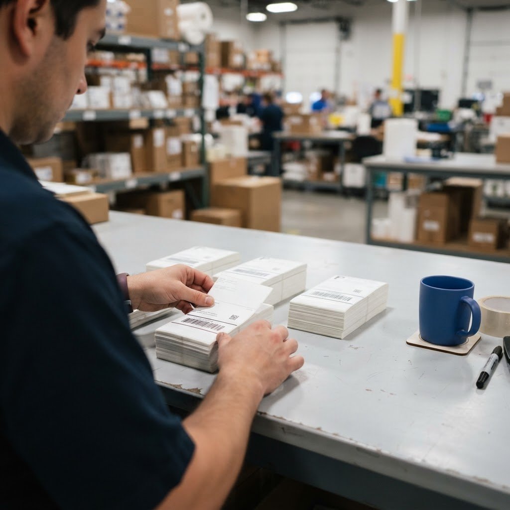 Hands organizing shipping labels on a warehouse table