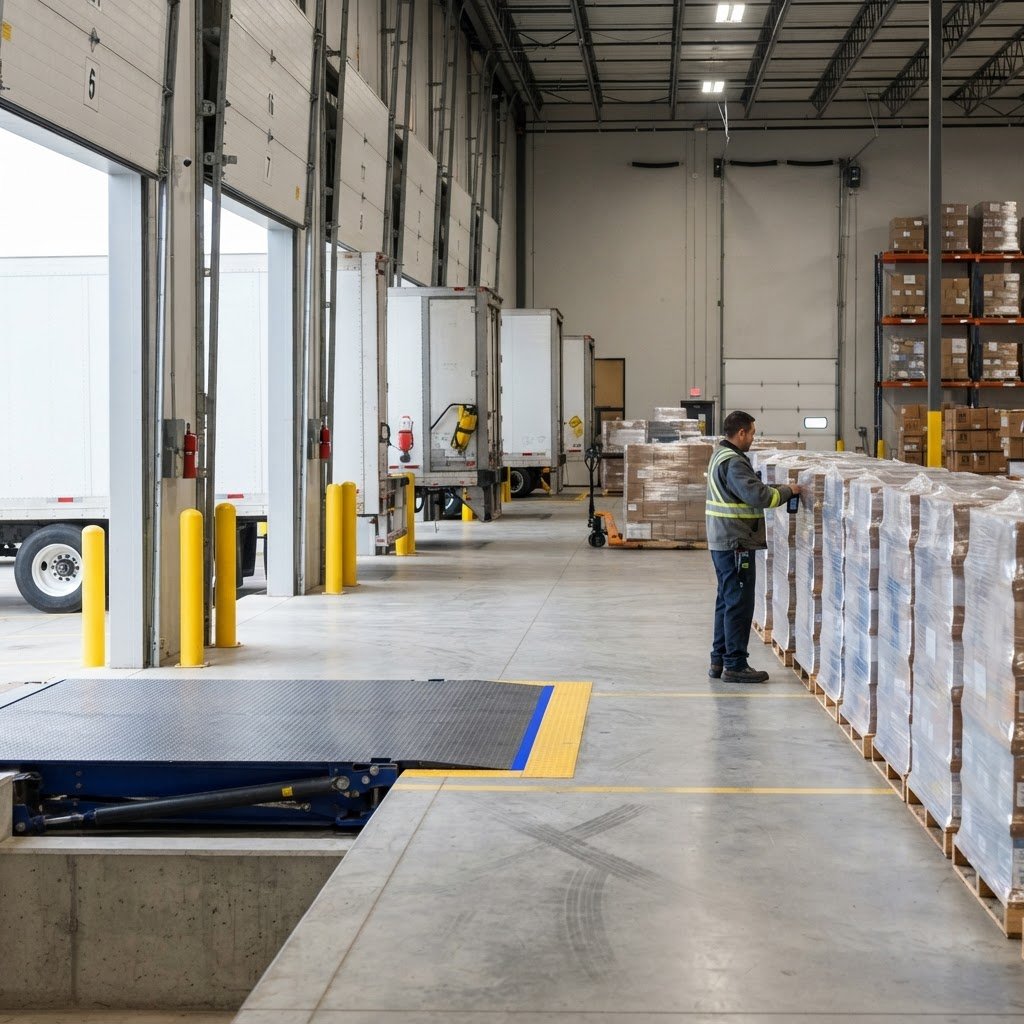 Logistics team member near a row of pallets at a loading dock