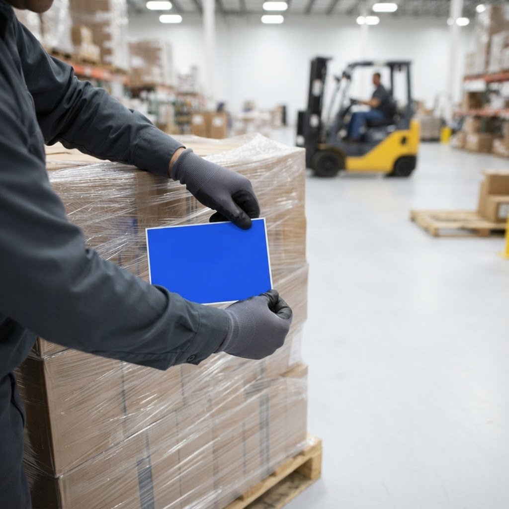 Worker placing a shipping label on a pallet in a warehouse
