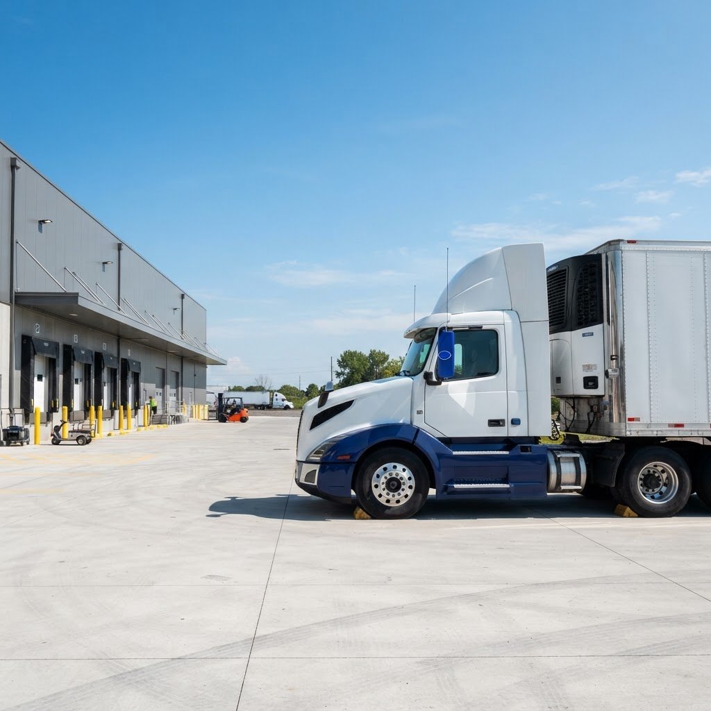 Clean regional freight truck parked at an industrial loading dock