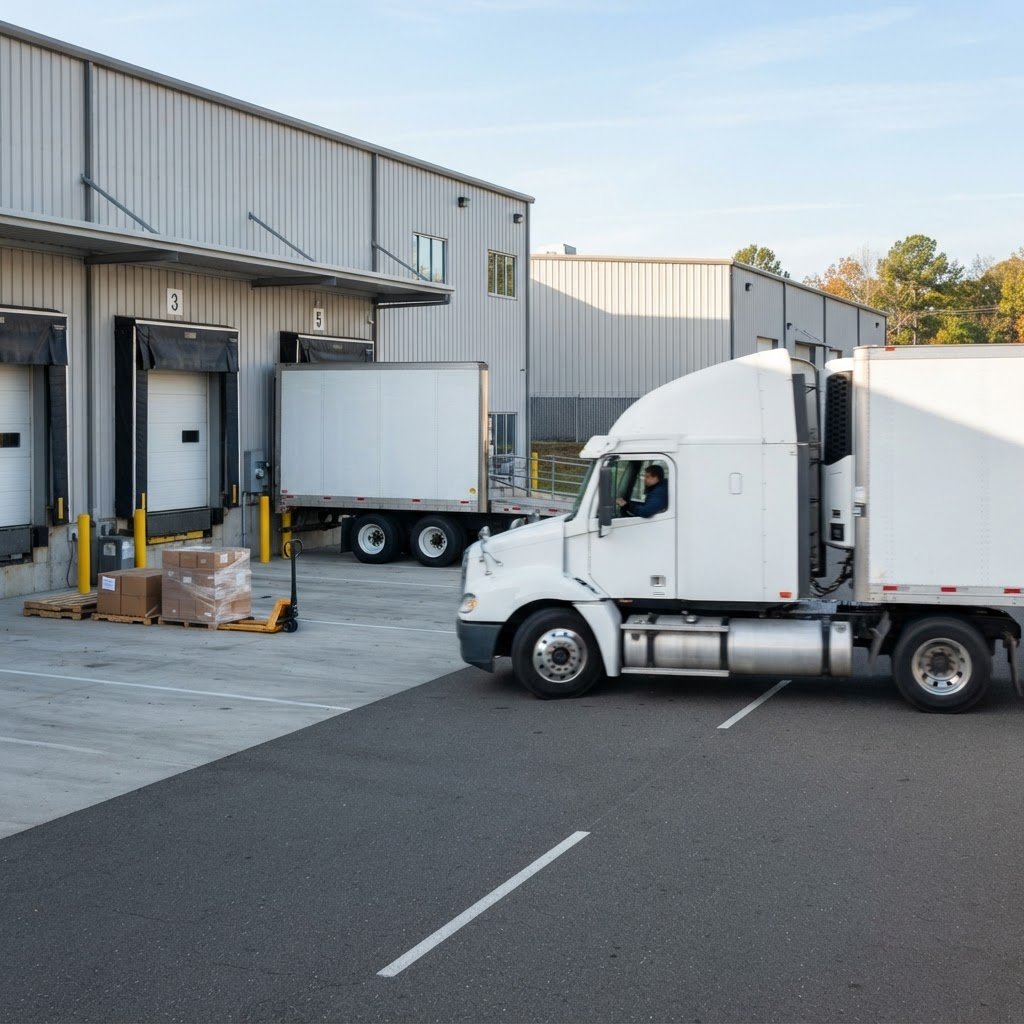 Transport truck departing from a clean loading dock