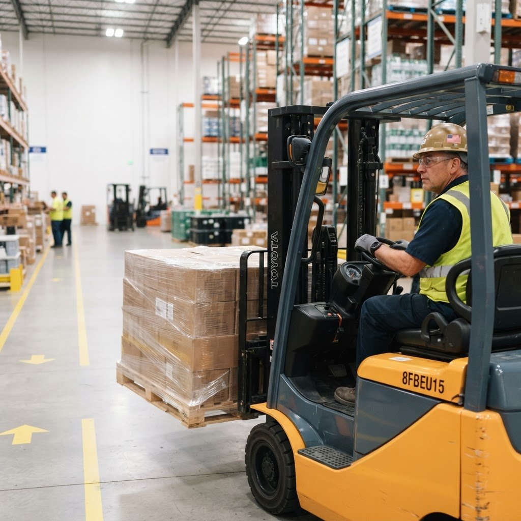 Warehouse operator moving a pallet of goods