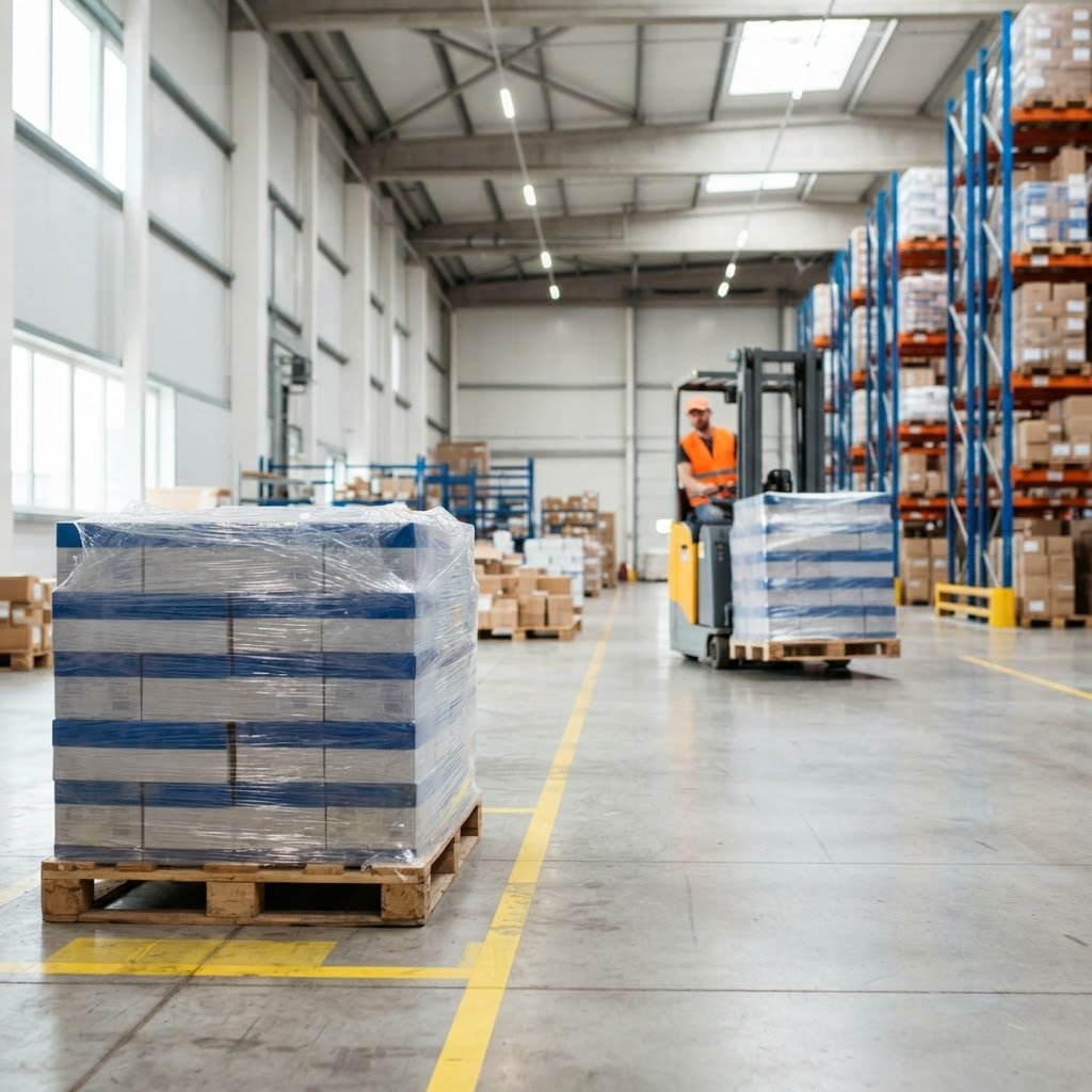 Organized warehouse floor with packed freight pallet