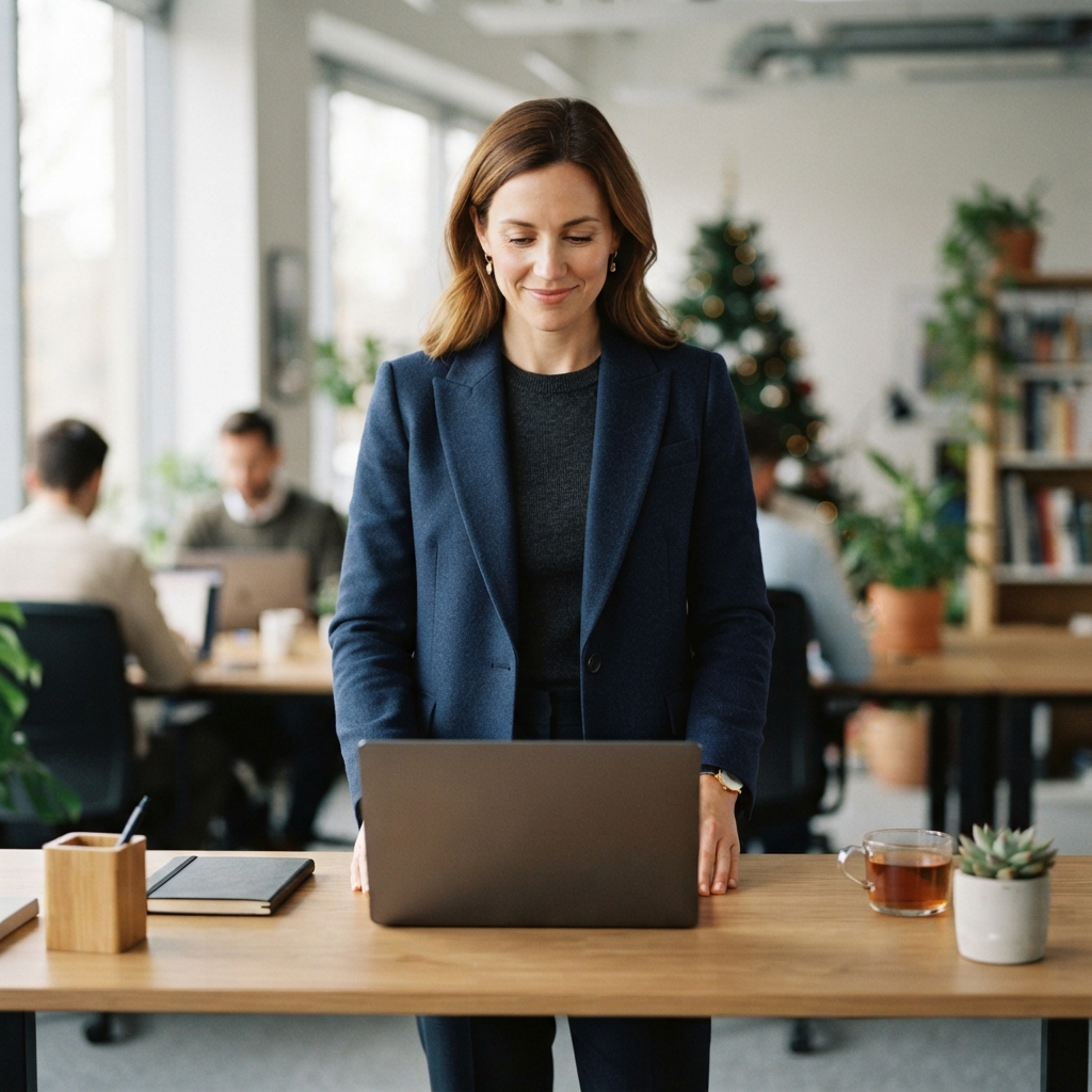 Logistics manager looking confidently at a closed laptop in a bright office