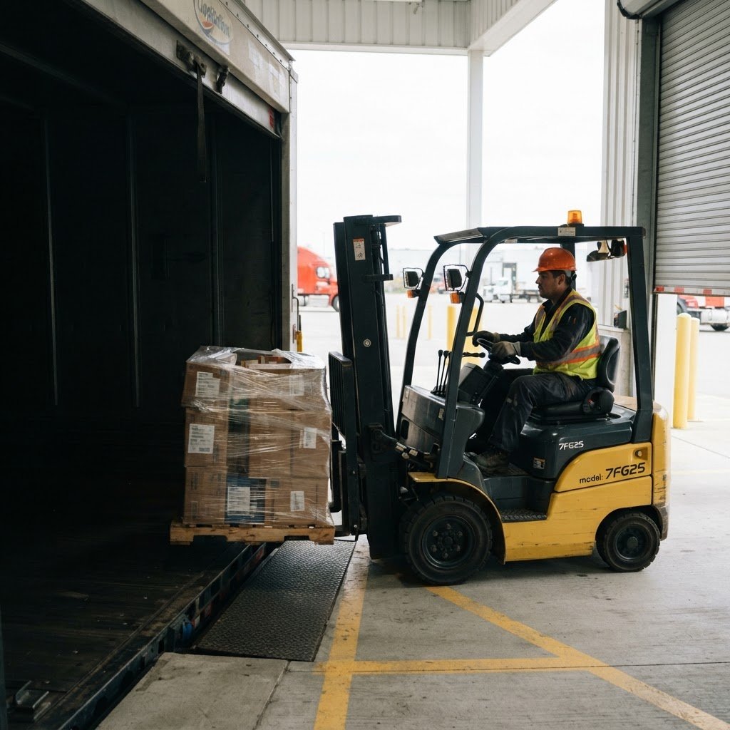 Forklift loading pallet onto a truck at a loading dock