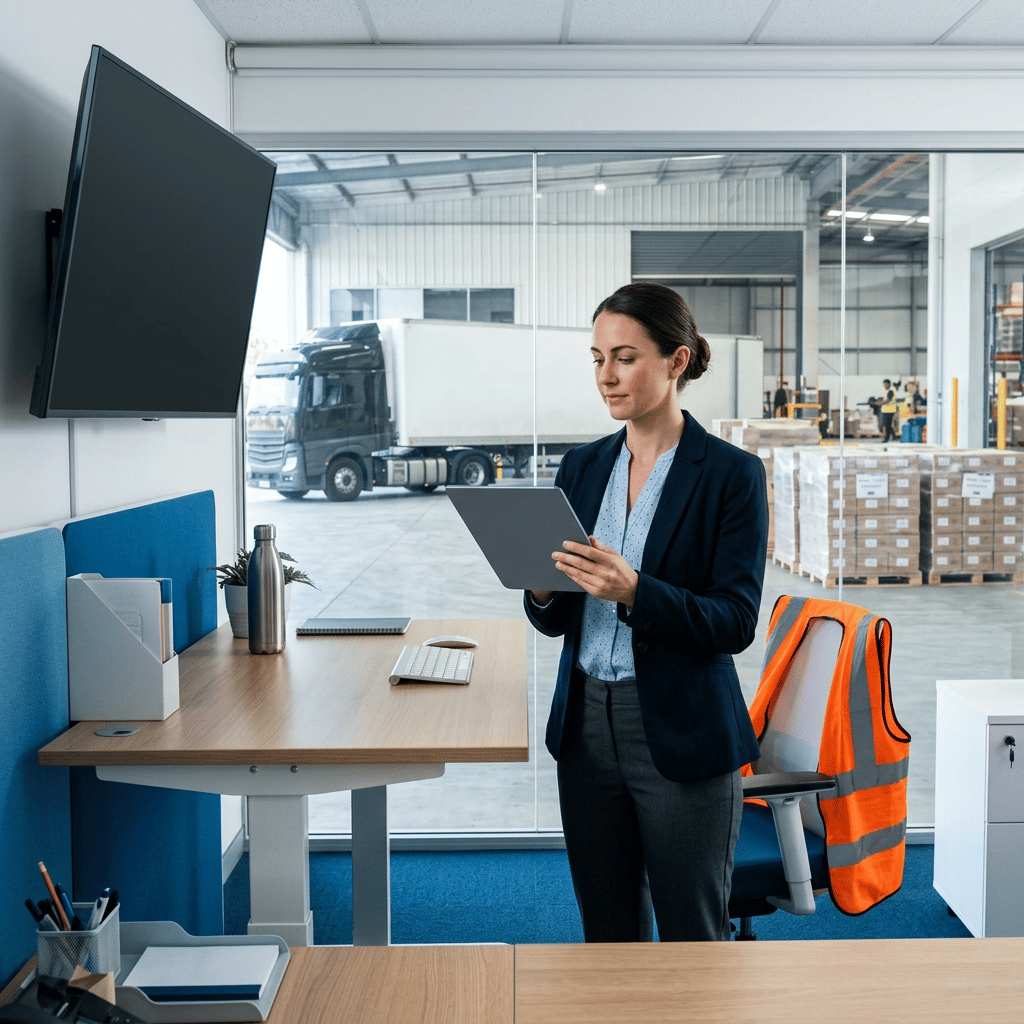 Logistics manager reviewing shipping dashboard at warehouse office