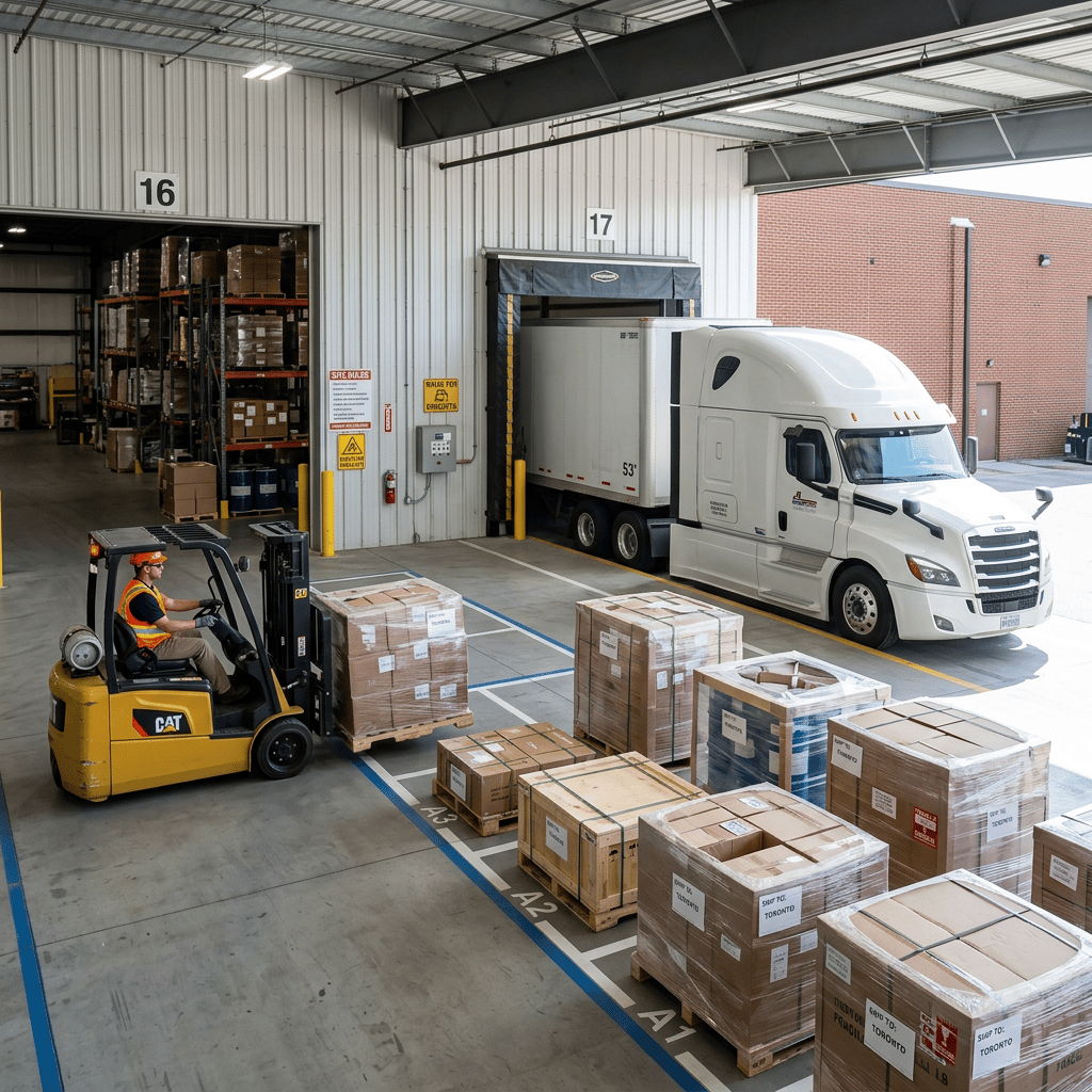 Organized warehouse loading dock with staged LTL freight and truck