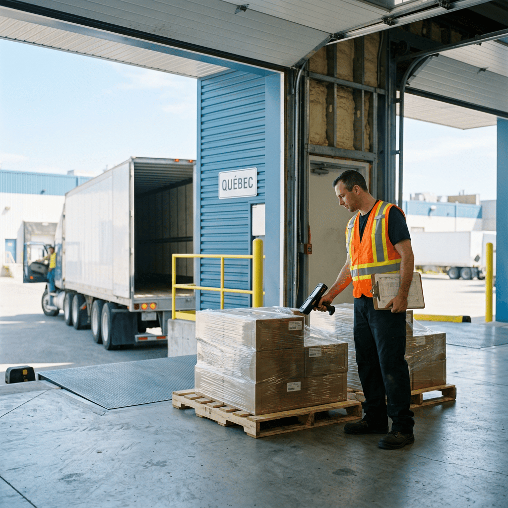 Warehouse worker scanning pallets on Quebec loading dock
