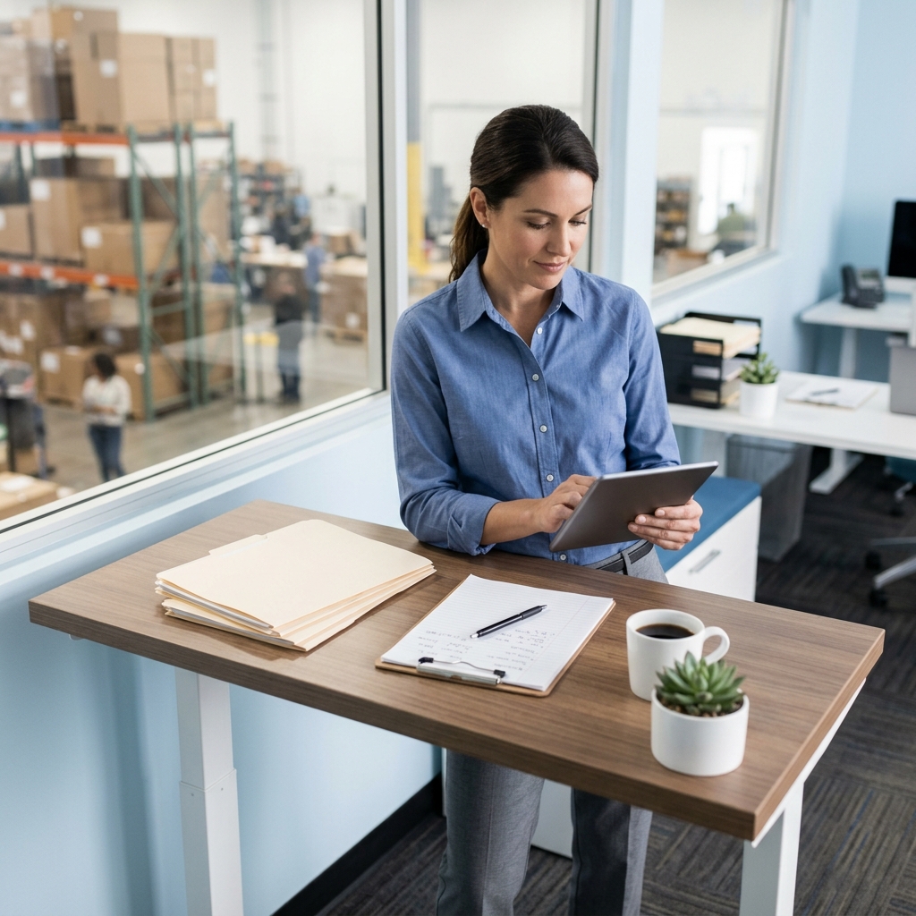 Logistics manager reviewing shipment quotes on tablet
