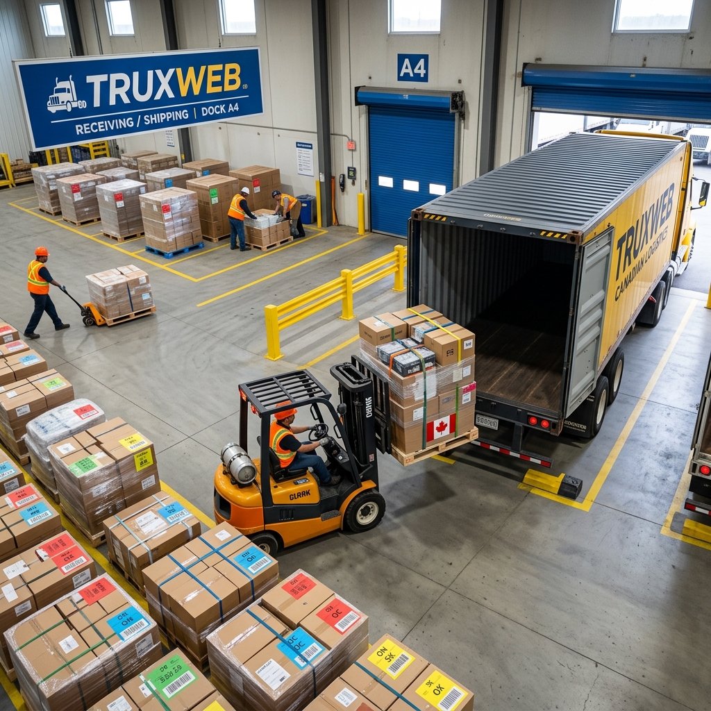 Forklift loading mixed freight onto transport truck at organized dock