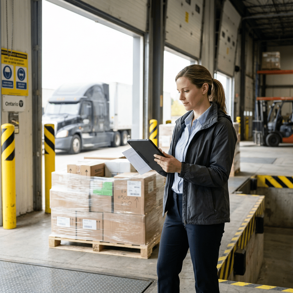 Logistics coordinator reviewing tablet at organized warehouse loading dock
