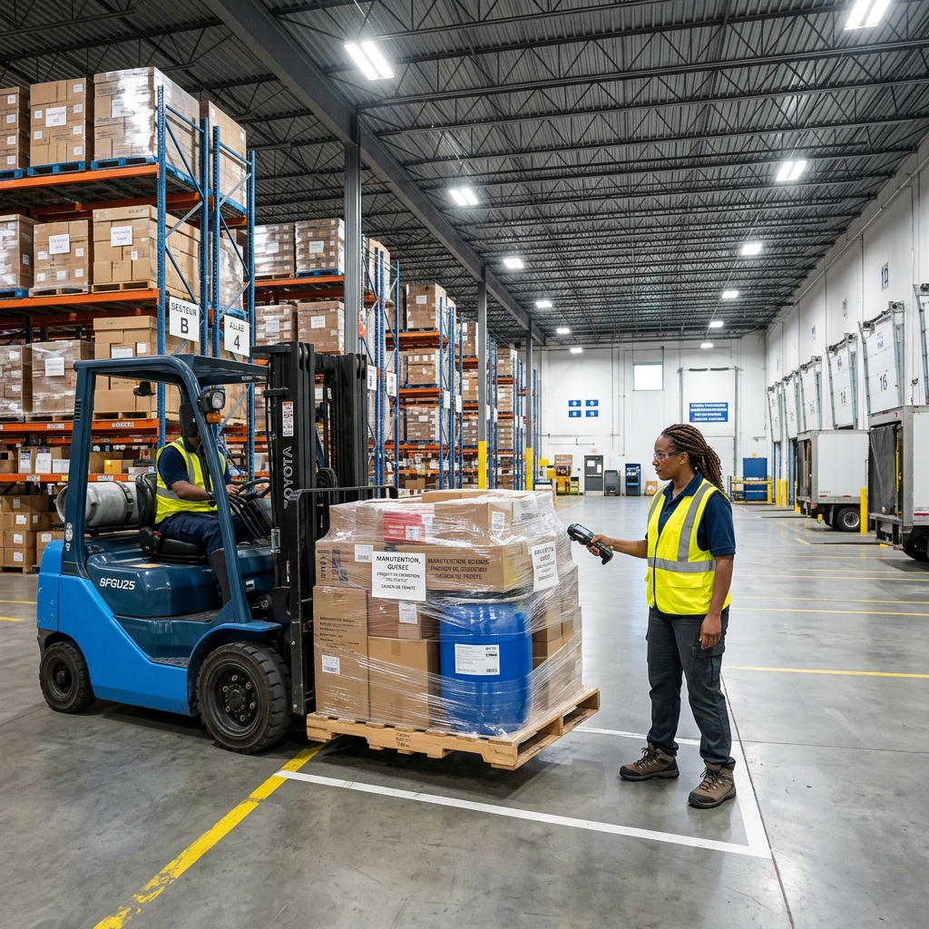 Warehouse worker scanning pallets in well-lit organized freight staging area