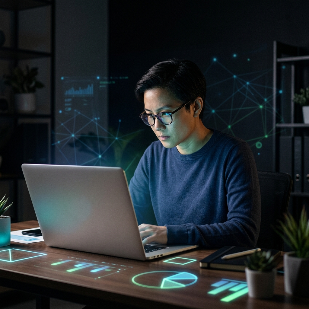 Founder building financial model at night with data glow