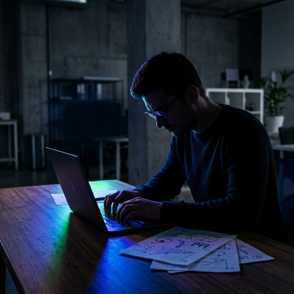 Founder analyzing competitive positioning data at night
