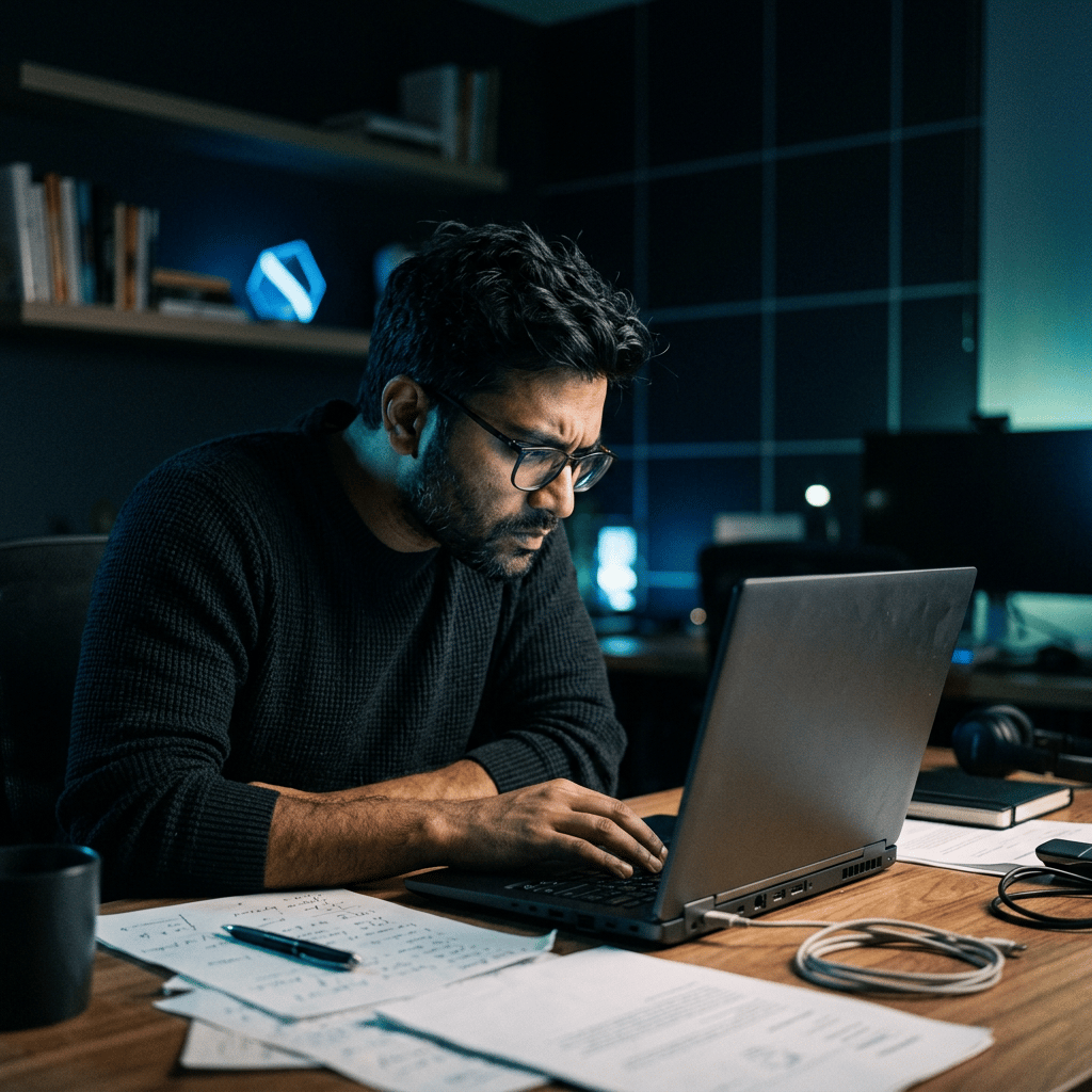 Founder researching market insights at night