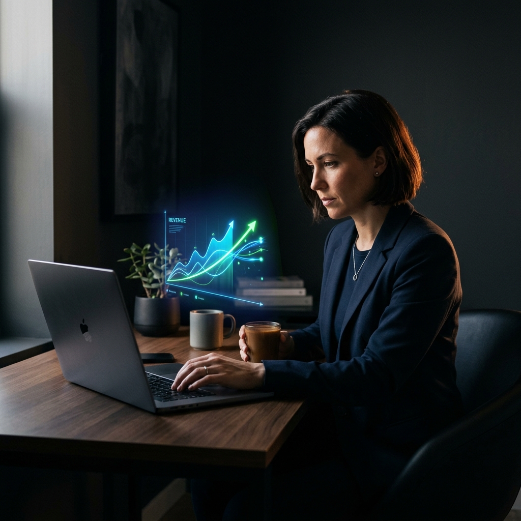 Founder analyzing revenue growth metrics at night