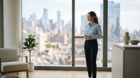 A young professional looking out a window in a modern condo