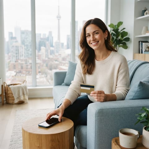 A woman confidently managing her finances at home