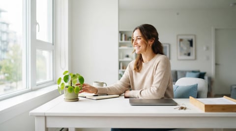 A landlord in a bright home office looking relaxed