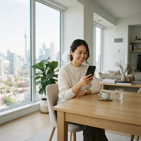 Young professional checking credit progress on smartphone at home