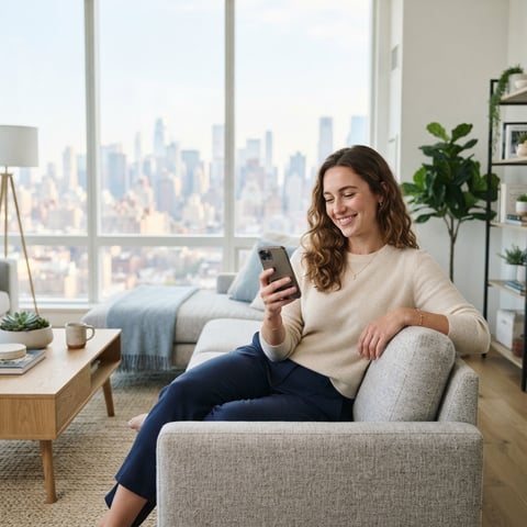 A young adult relaxing in a modern apartment holding a smartphone