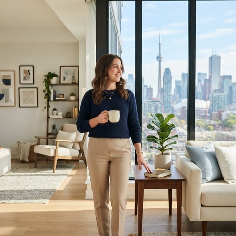 A young professional looking out a city apartment window