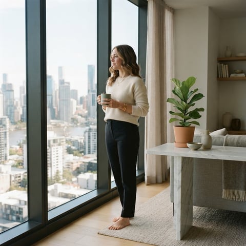 A woman stands in a bright condo looking out at a city skyline