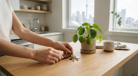 Hands placing keys on a modern minimalist kitchen counter